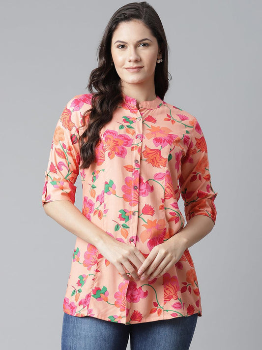 Jamal Jamaloo Rayon Peach Floral Print Shirt Style A-Line Top - Jamal Jamaloo