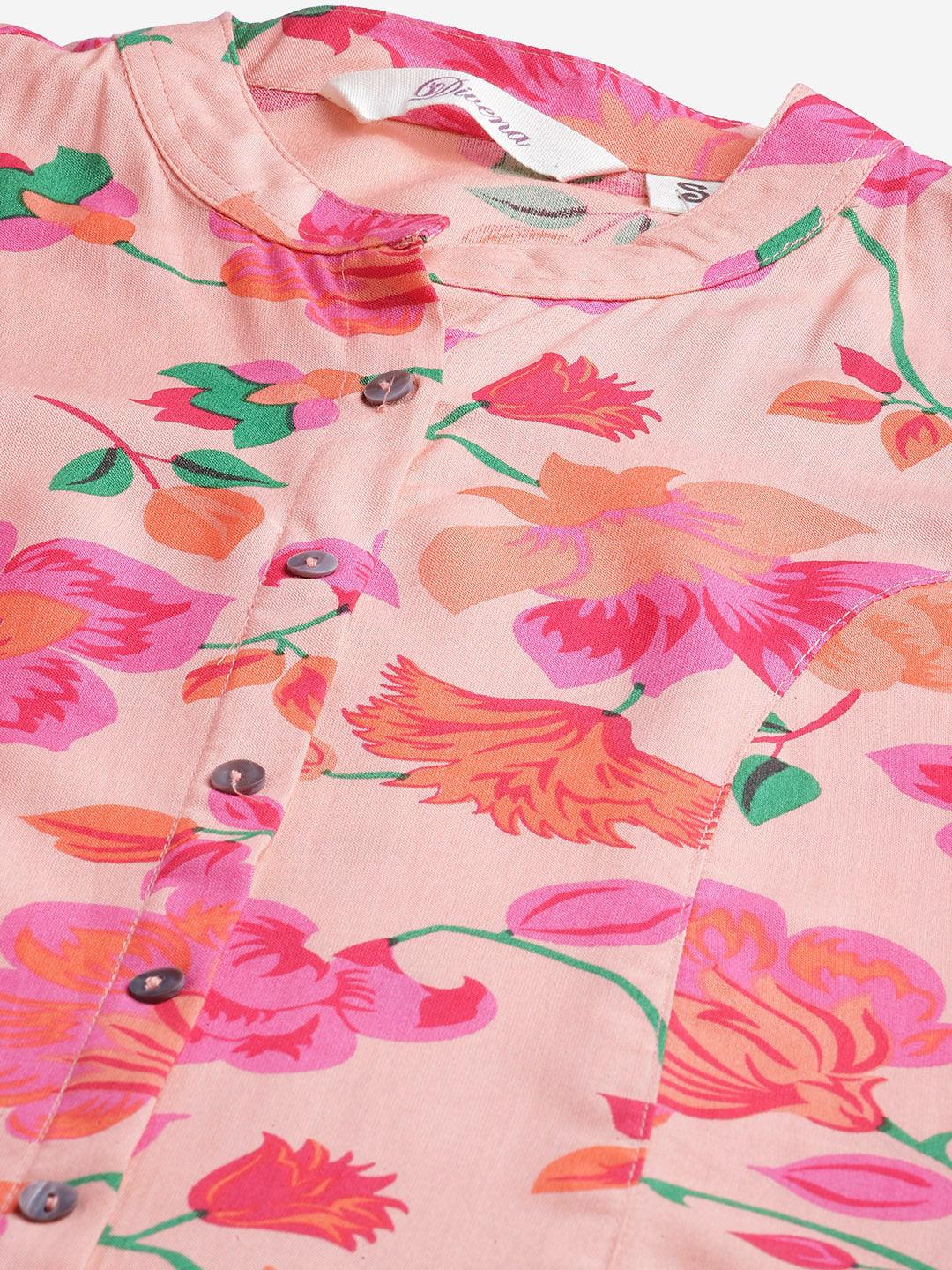 Jamal Jamaloo Rayon Peach Floral Print Shirt Style A-Line Top - Jamal Jamaloo