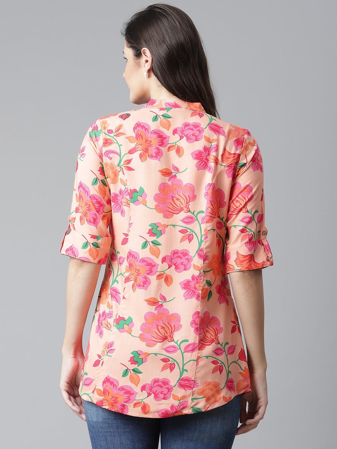 Jamal Jamaloo Rayon Peach Floral Print Shirt Style A-Line Top - Jamal Jamaloo