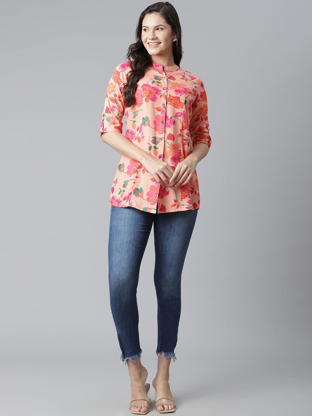 Jamal Jamaloo Rayon Peach Floral Print Shirt Style A-Line Top - Jamal Jamaloo