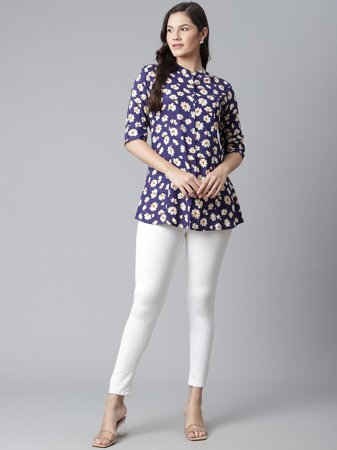 Jamal Jamaloo Rayon Dark Blue Floral Top - Jamal Jamaloo