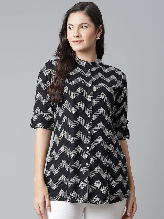 Jamal Jamaloo Black Rayon Zigzag Print Shirts Style Top - Jamal Jamaloo