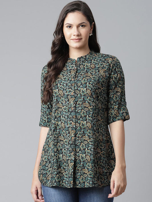 Jamal Jamaloo Navy Blue Green Rayon Printed Top - Jamal Jamaloo