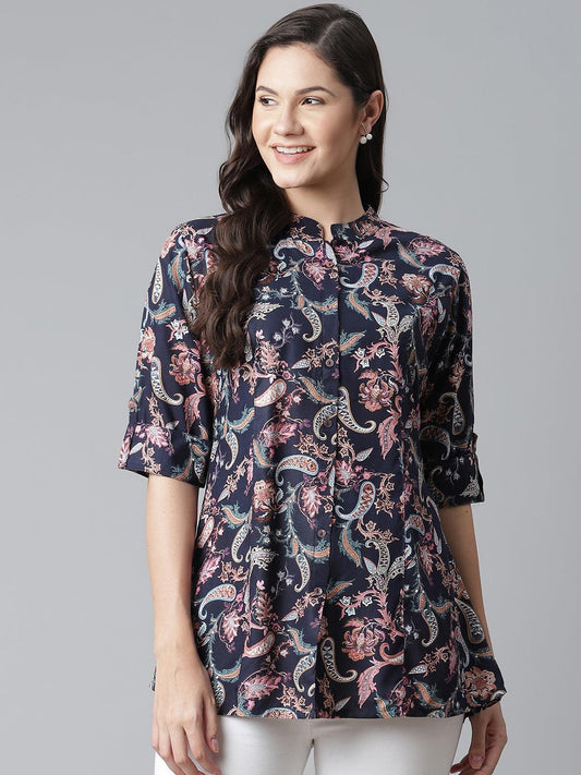 Jamal Jamaloo Blue Printed Rayon Shirt Style A-Line Top - Jamal Jamaloo