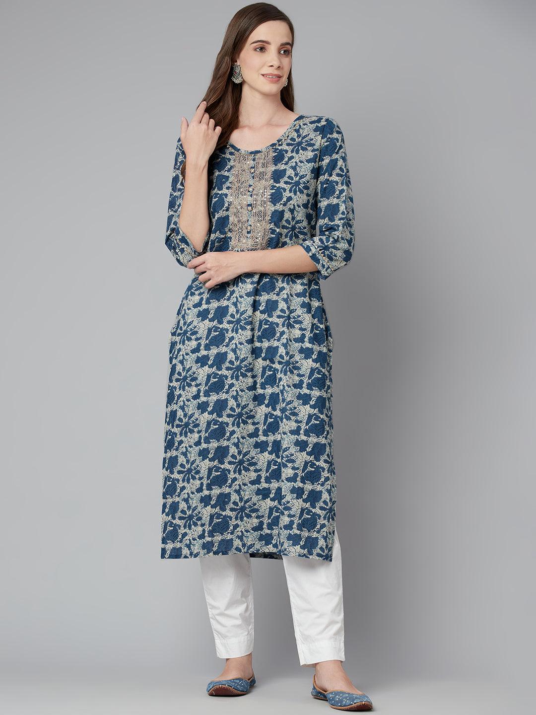 Jamal Jamaloo Blue Floral Cotton Straight Kurta - Jamal Jamaloo