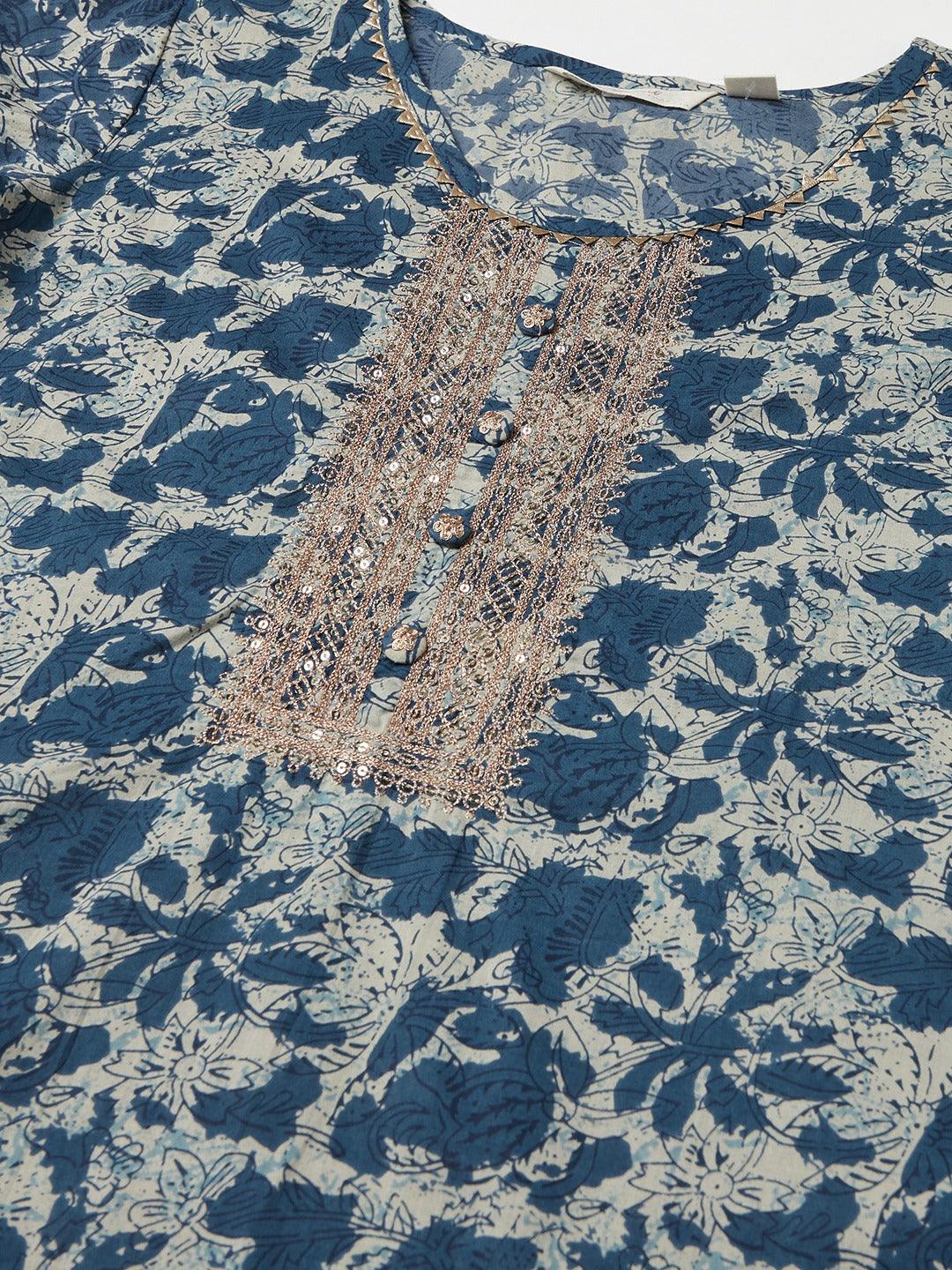 Jamal Jamaloo Blue Floral Cotton Straight Kurta - Jamal Jamaloo