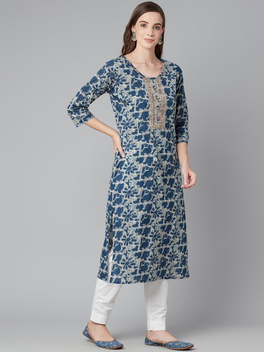 Jamal Jamaloo Blue Floral Cotton Straight Kurta - Jamal Jamaloo