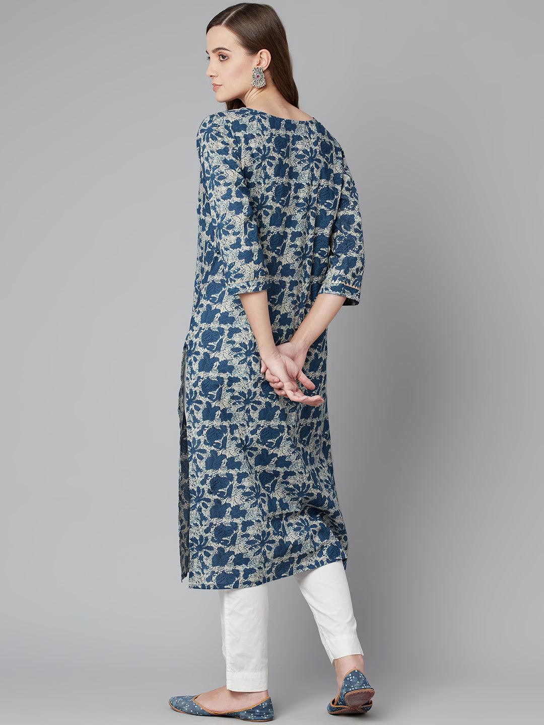 Jamal Jamaloo Blue Floral Cotton Straight Kurta - Jamal Jamaloo