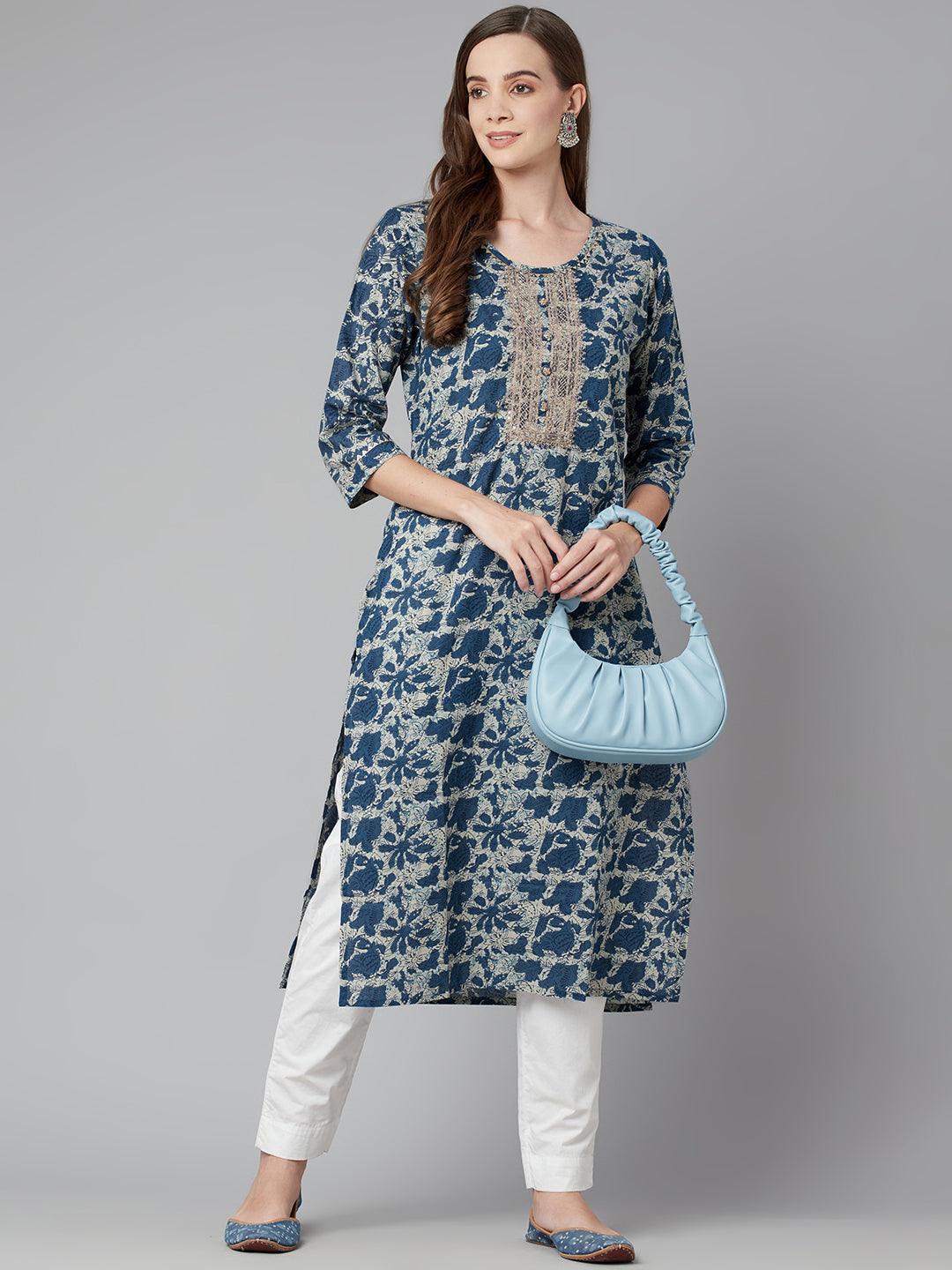 Jamal Jamaloo Blue Floral Cotton Straight Kurta - Jamal Jamaloo