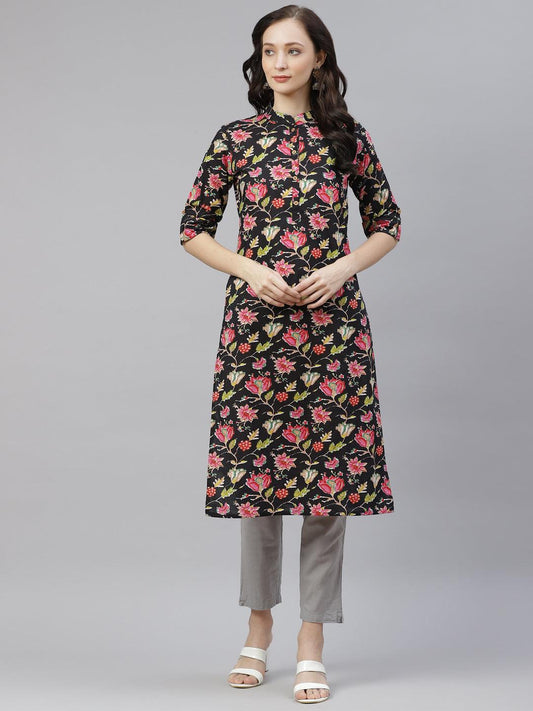 Jamal Jamaloo Black Floral Cotton Straight Kurti - Jamal Jamaloo