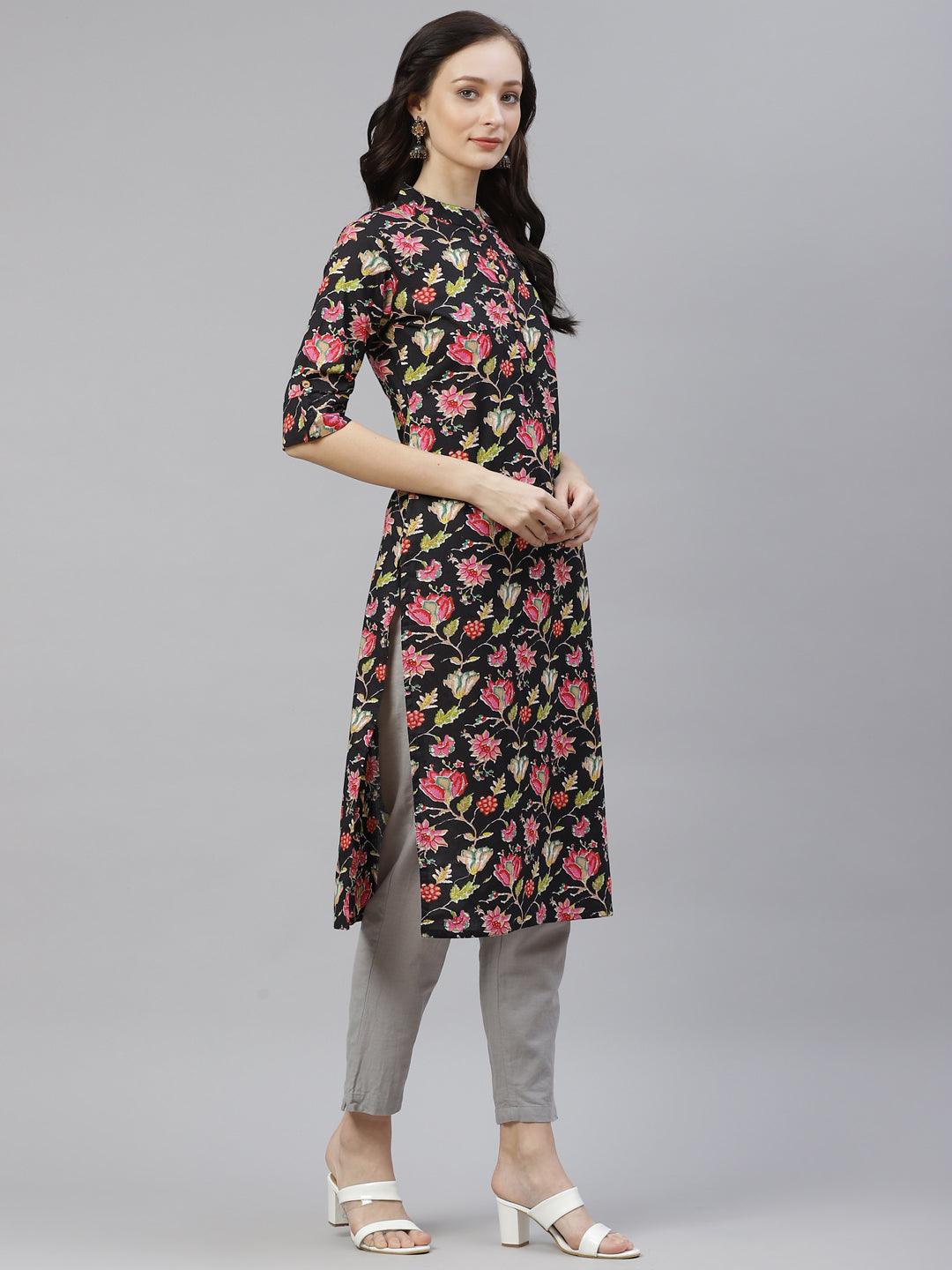 Jamal Jamaloo Black Floral Cotton Straight Kurti - Jamal Jamaloo