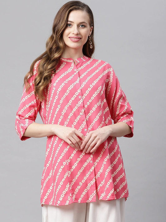 Jamal Jamaloo Pink Bandhani Rayon A-line Shirt Style Top - Jamal Jamaloo