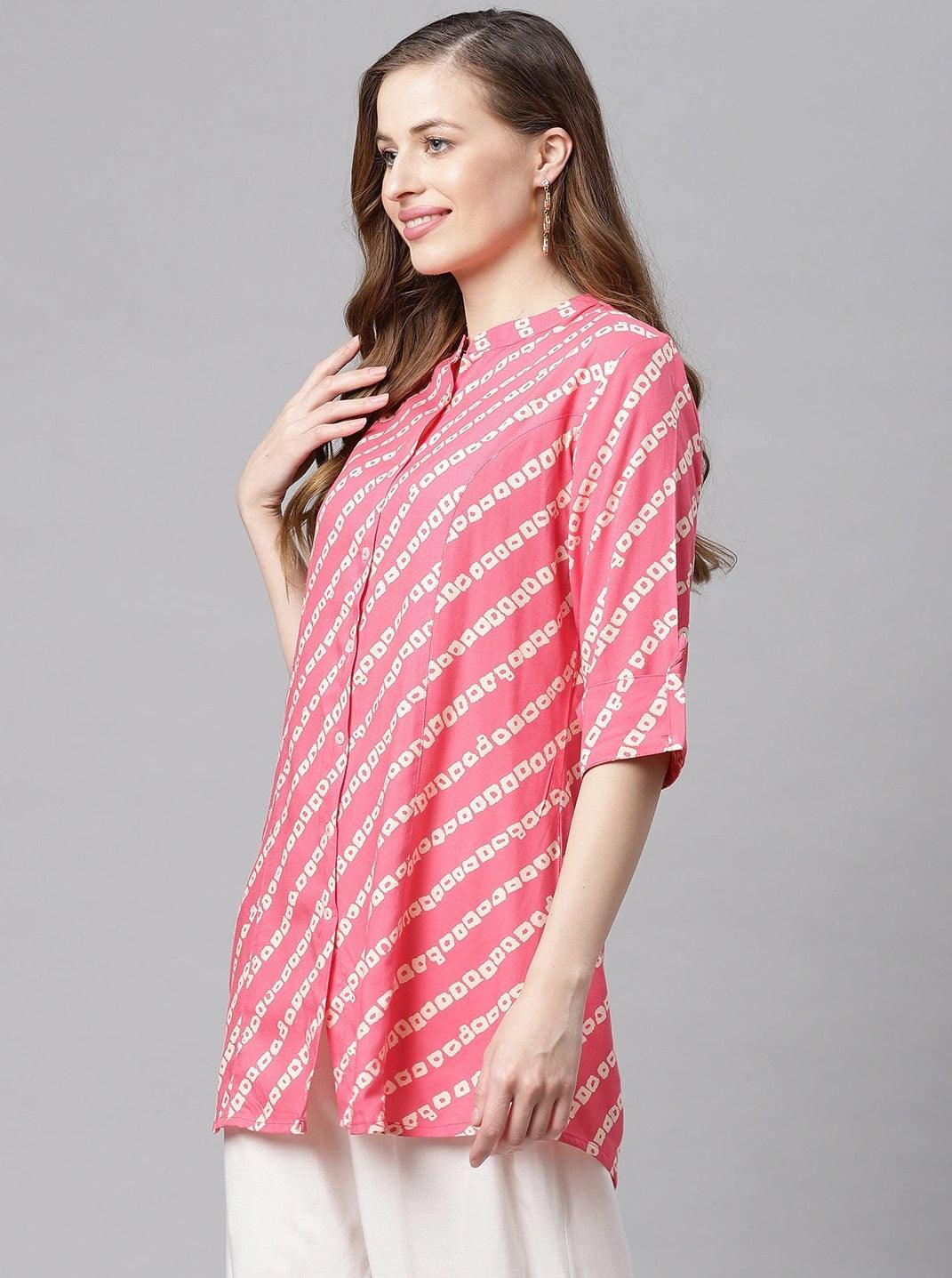 Jamal Jamaloo Pink Bandhani Rayon A-line Shirt Style Top - Jamal Jamaloo
