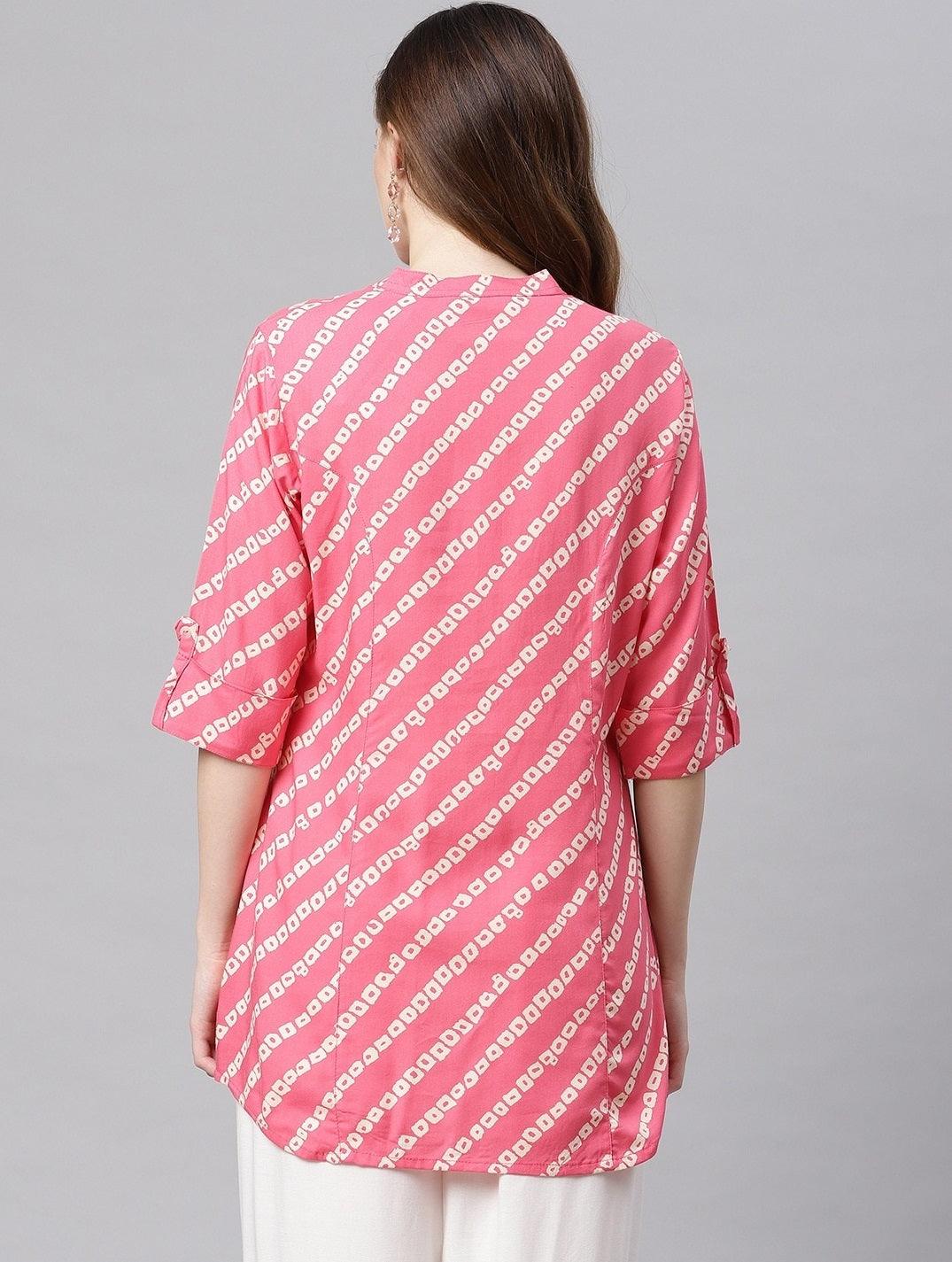 Jamal Jamaloo Pink Bandhani Rayon A-line Shirt Style Top - Jamal Jamaloo
