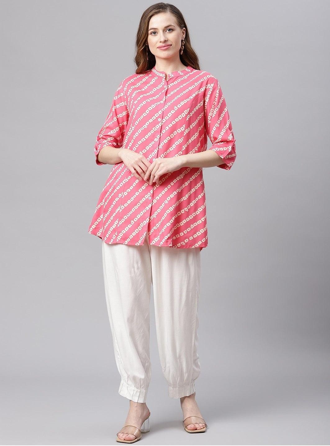 Jamal Jamaloo Pink Bandhani Rayon A-line Shirt Style Top - Jamal Jamaloo