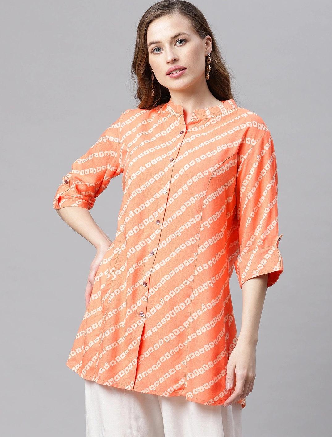 Jamal Jamaloo Orange Bandhani Rayon A-line Shirt Style Top - Jamal Jamaloo