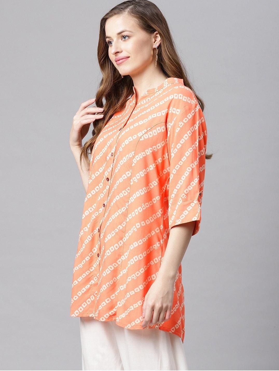 Jamal Jamaloo Orange Bandhani Rayon A-line Shirt Style Top - Jamal Jamaloo