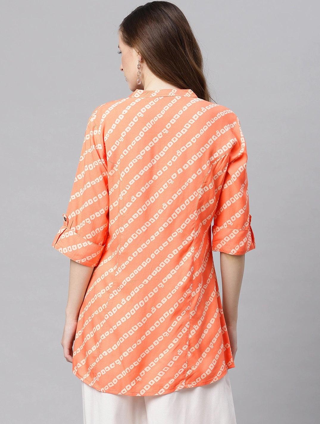 Jamal Jamaloo Orange Bandhani Rayon A-line Shirt Style Top - Jamal Jamaloo