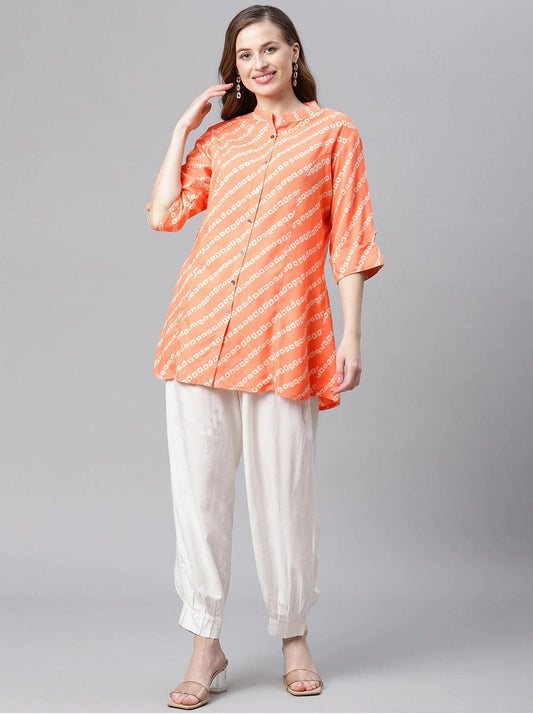 Jamal Jamaloo Orange Bandhani Rayon A-line Shirt Style Top - Jamal Jamaloo