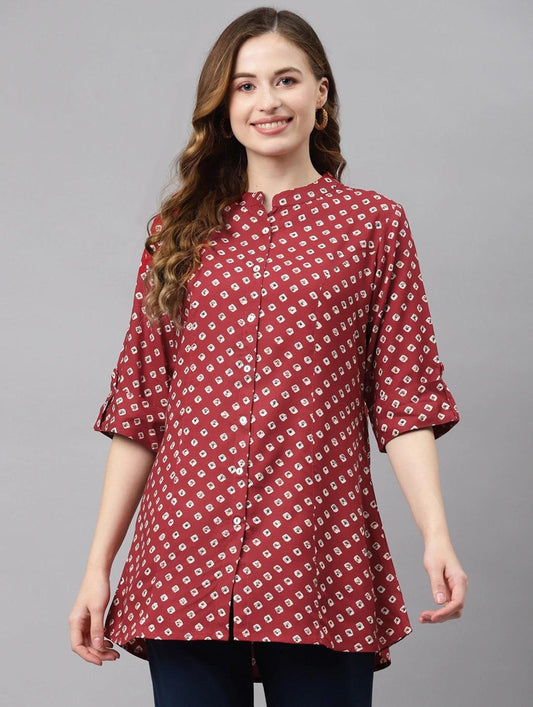 Jamal Jamaloo Maroon Bandhani Print Shirt Style A-line Top - Jamal Jamaloo