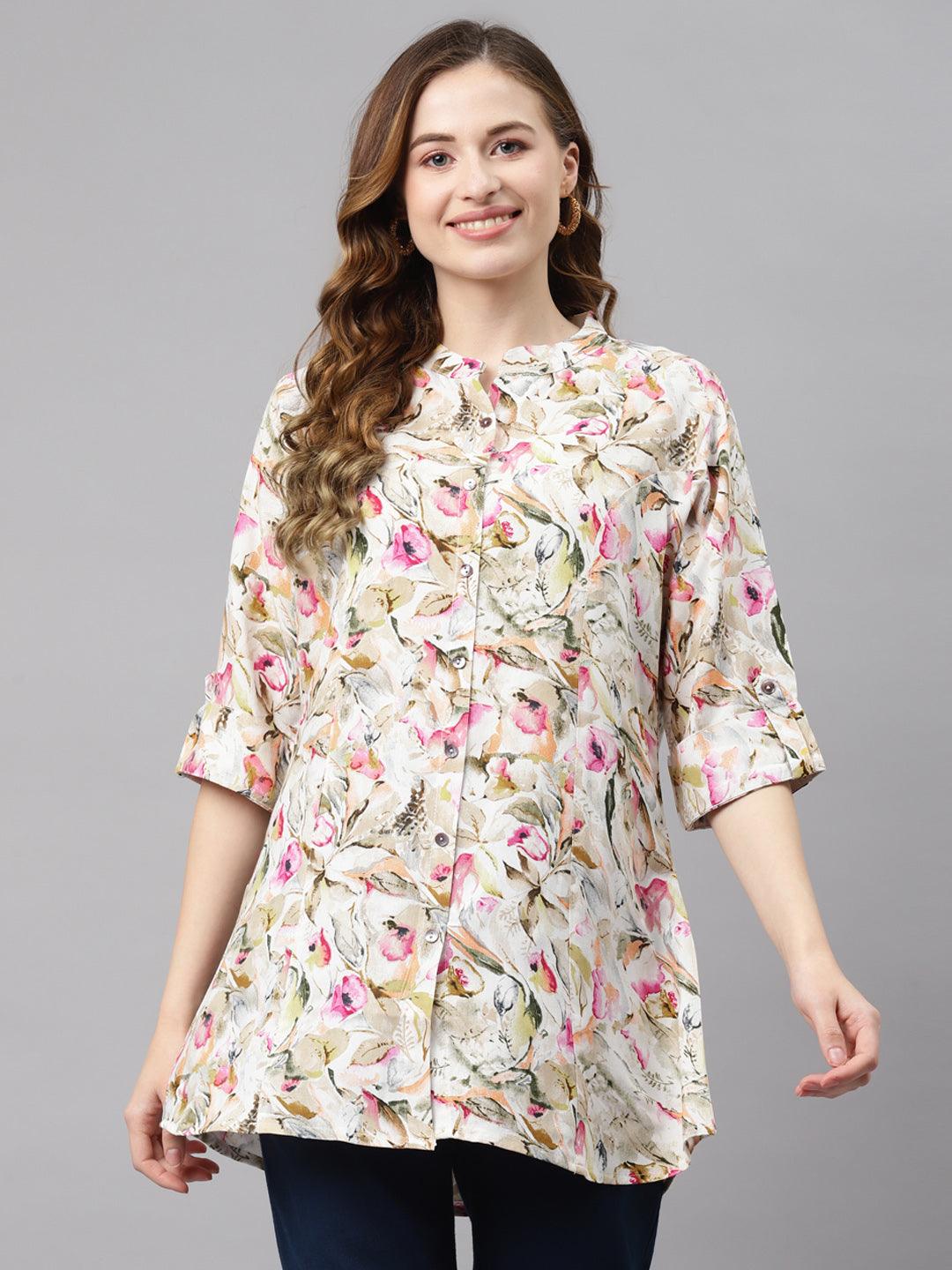 Jamal Jamaloo Multi Floral Rayon Shirt Style A-Line Top - Jamal Jamaloo