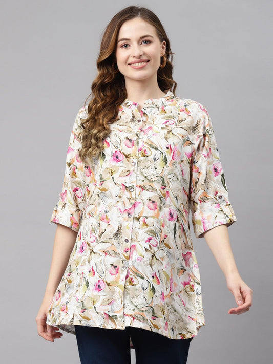 Jamal Jamaloo Multi Floral Rayon Shirt Style A-Line Top - Jamal Jamaloo