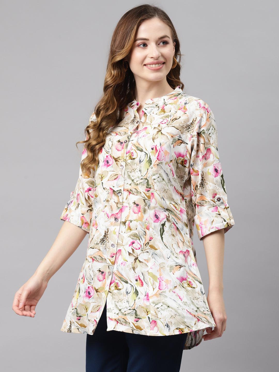 Jamal Jamaloo Multi Floral Rayon Shirt Style A-Line Top - Jamal Jamaloo