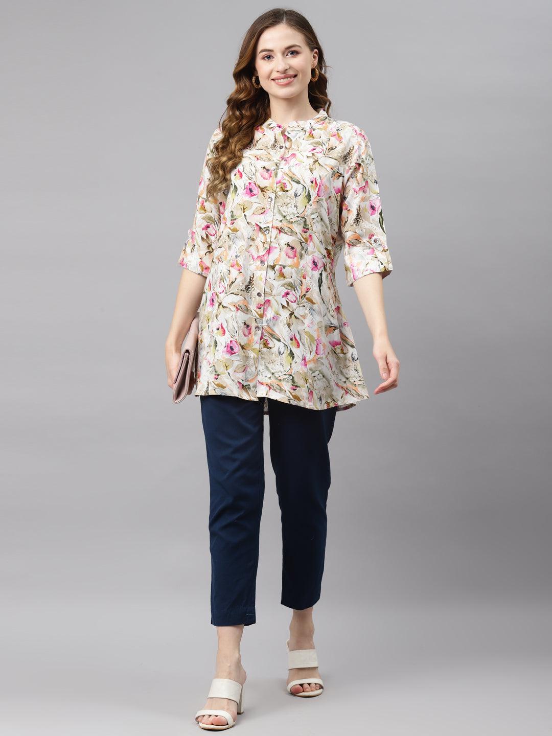 Jamal Jamaloo Multi Floral Rayon Shirt Style A-Line Top - Jamal Jamaloo