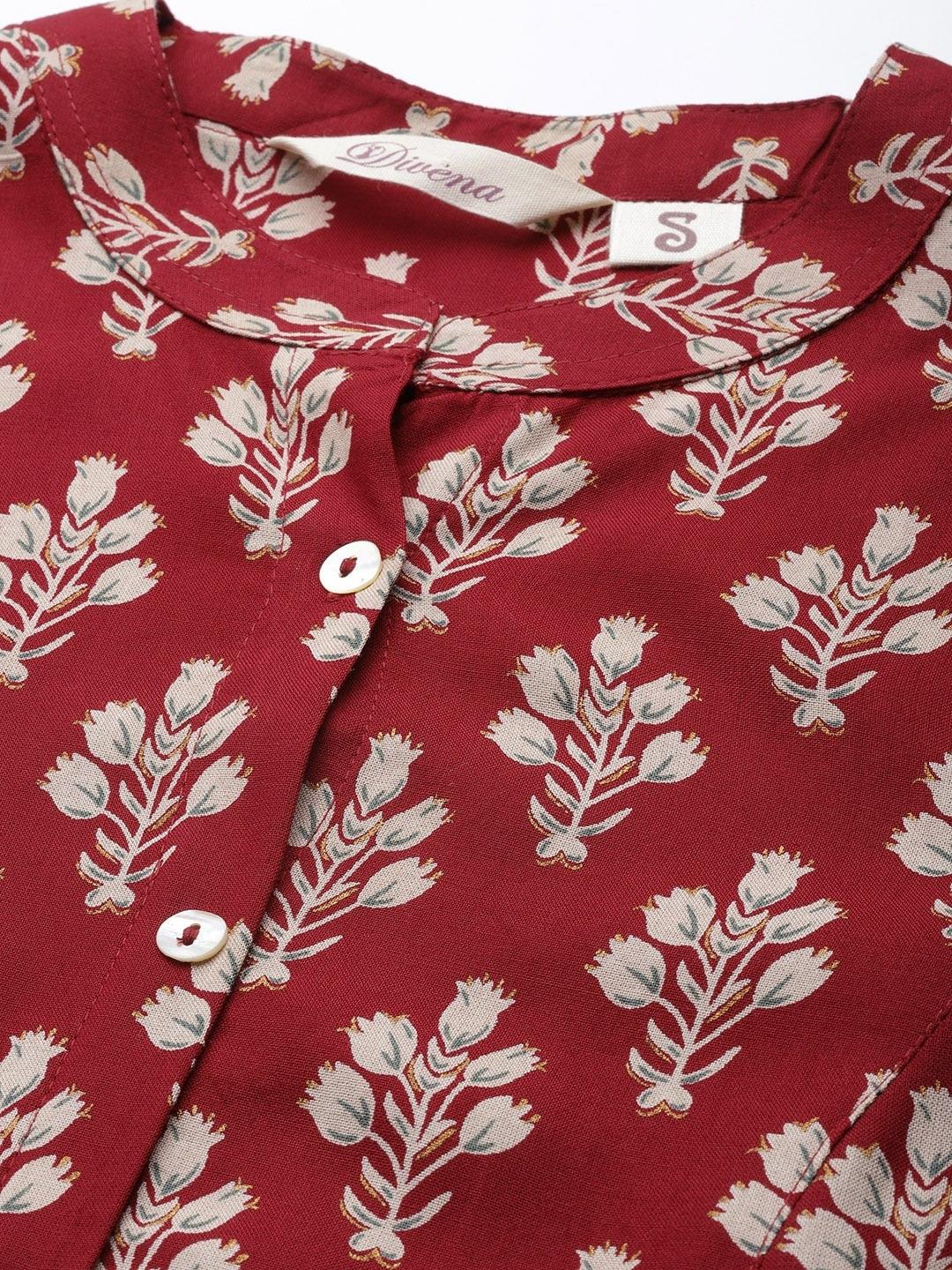 Jamal Jamaloo Dark Maroon Floral Rayon A-line Shirts Style Top - Jamal Jamaloo