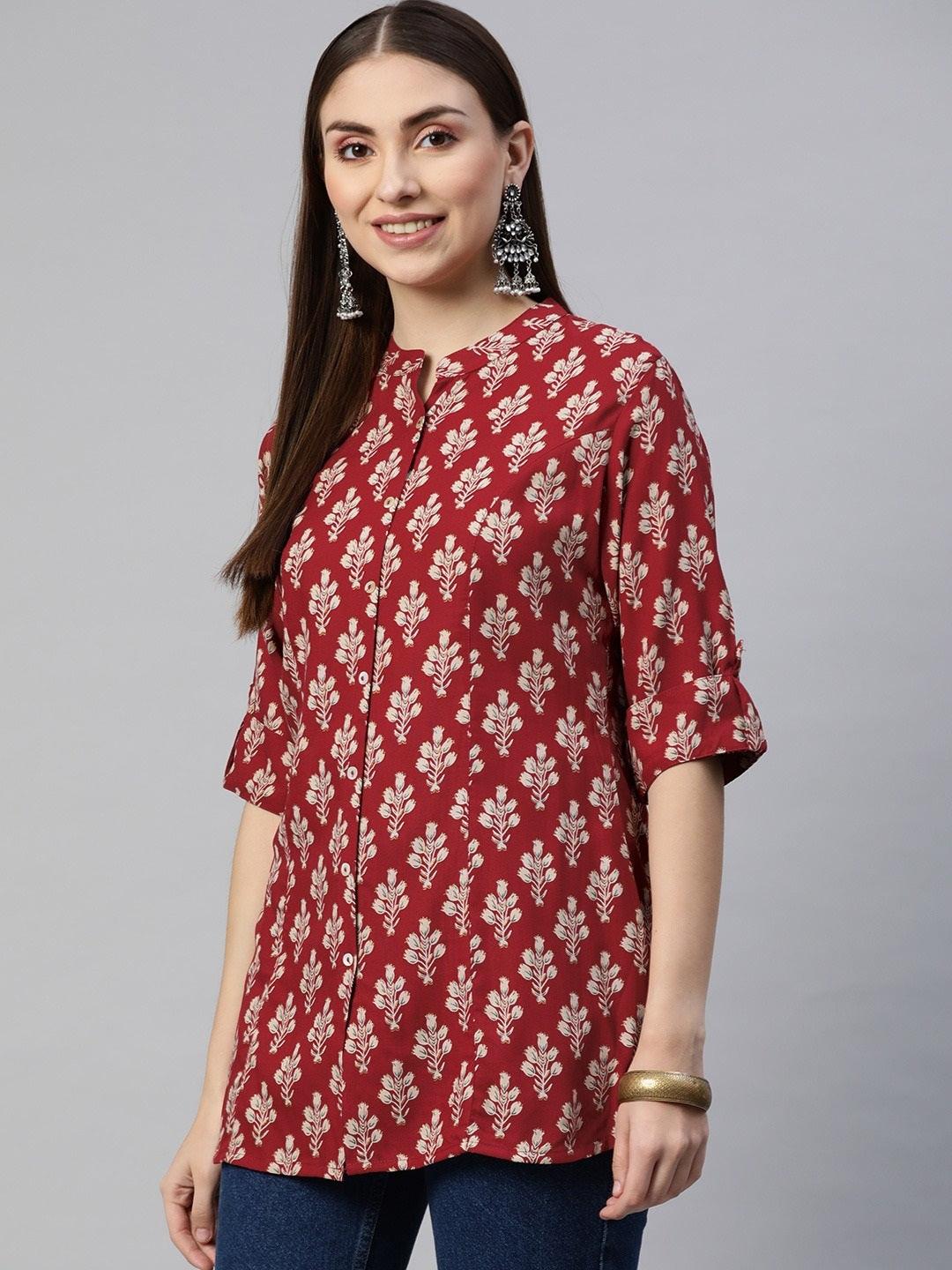 Jamal Jamaloo Dark Maroon Floral Rayon A-line Shirts Style Top - Jamal Jamaloo