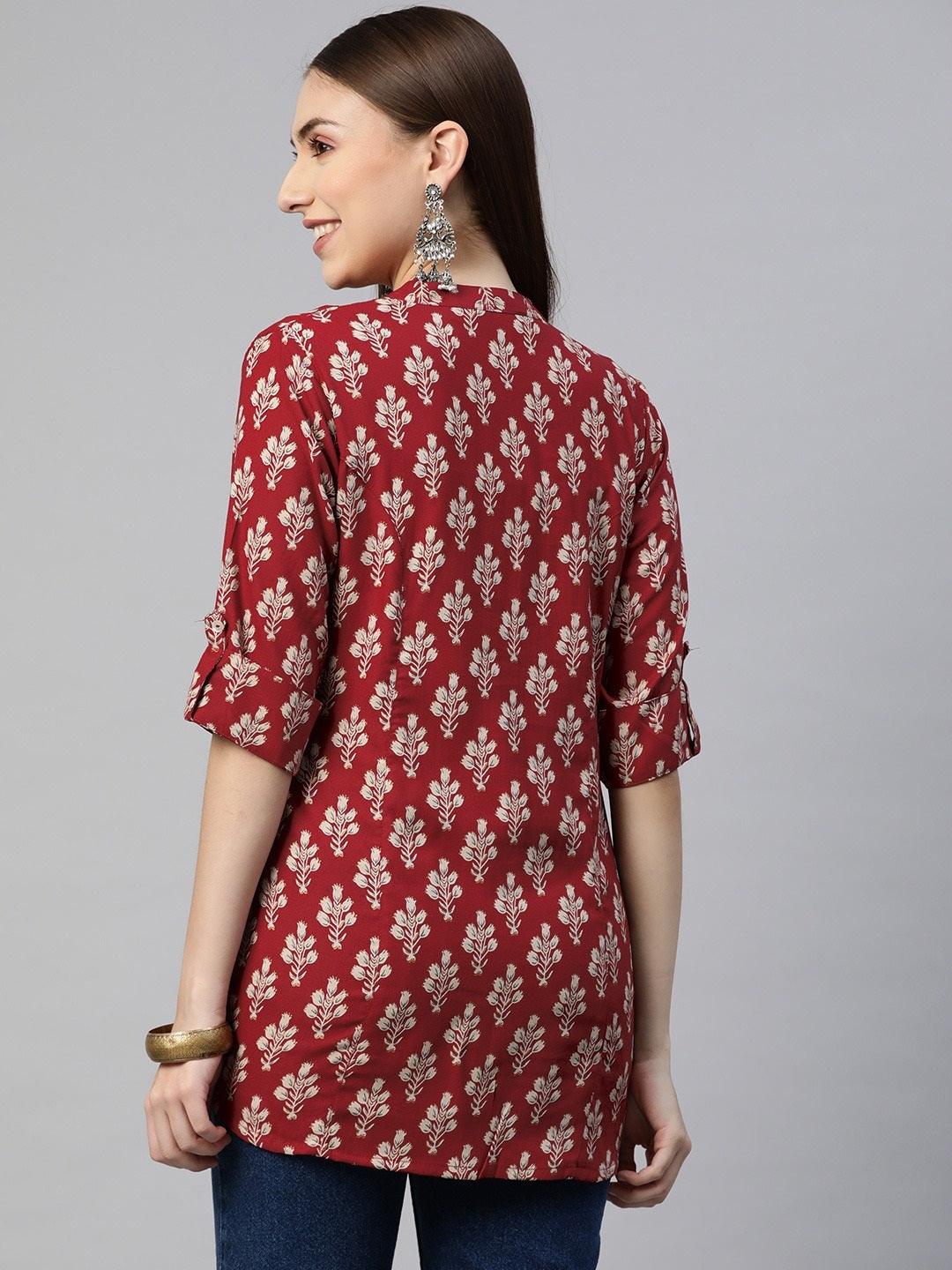 Jamal Jamaloo Dark Maroon Floral Rayon A-line Shirts Style Top - Jamal Jamaloo