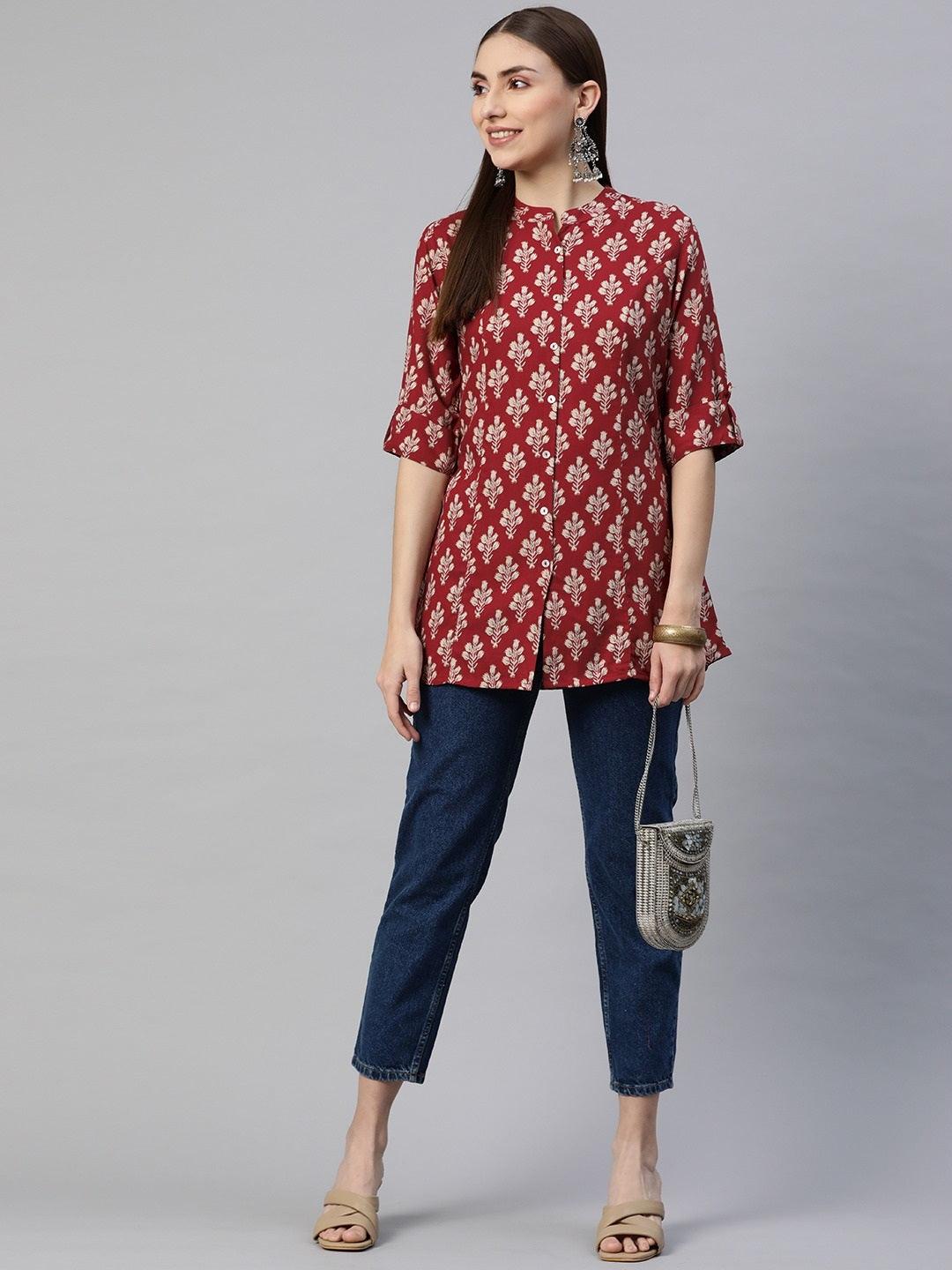 Jamal Jamaloo Dark Maroon Floral Rayon A-line Shirts Style Top - Jamal Jamaloo