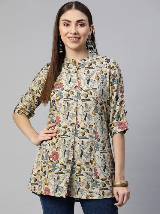 Jamal Jamaloo Beige Multi Floral Rayon A-line Shirts Style Top - Jamal Jamaloo