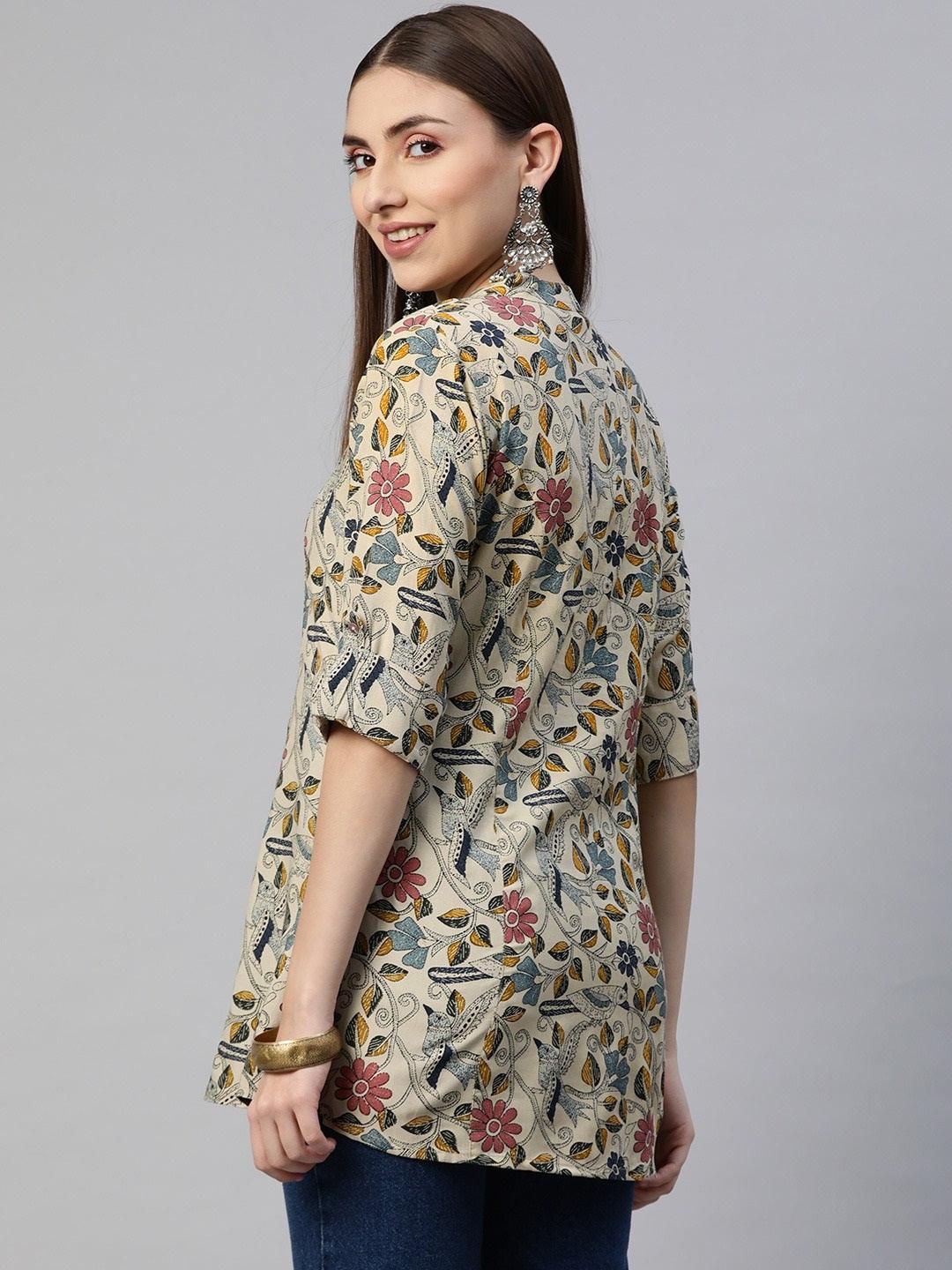 Jamal Jamaloo Beige Multi Floral Rayon A-line Shirts Style Top - Jamal Jamaloo