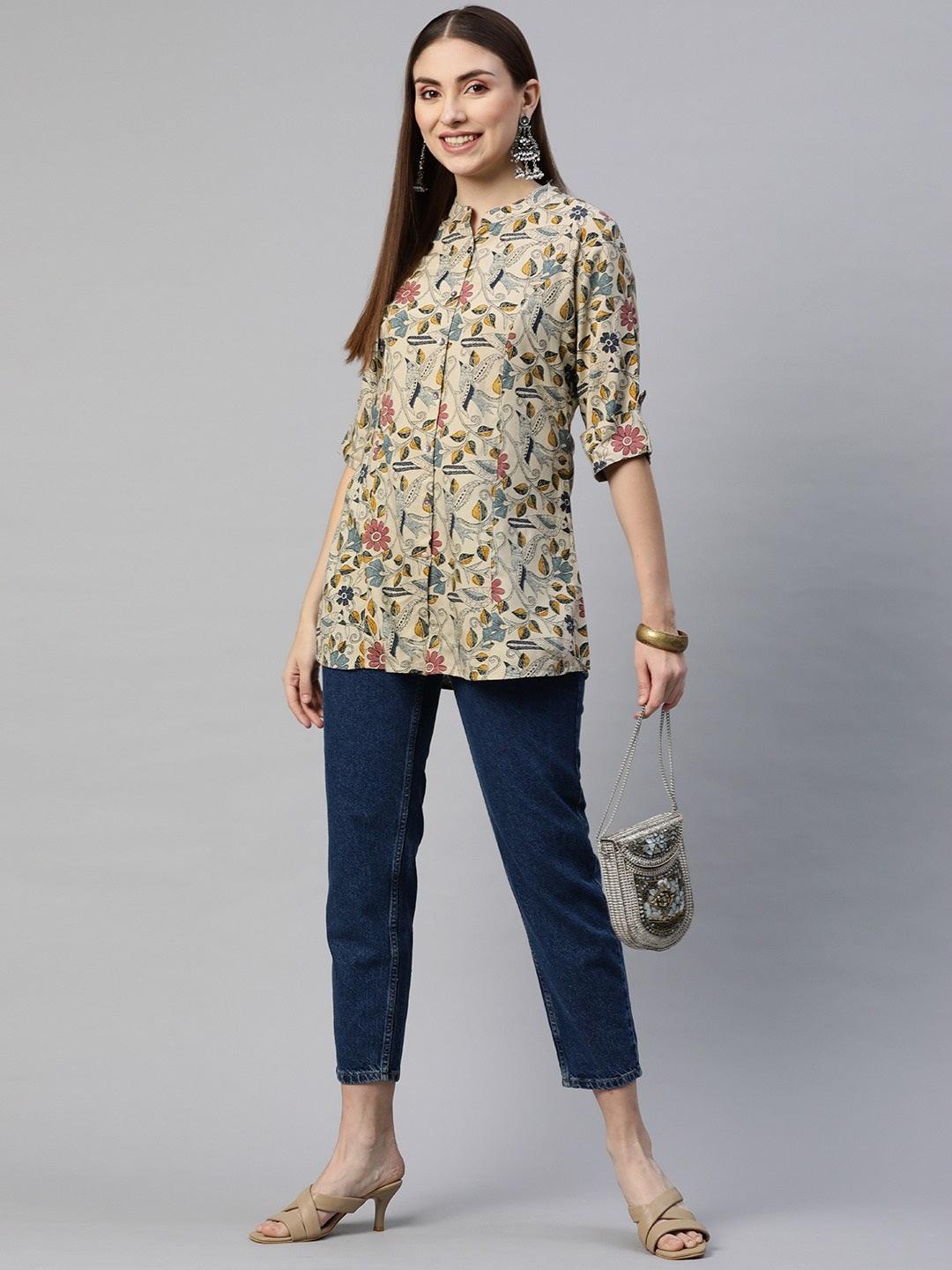 Jamal Jamaloo Beige Multi Floral Rayon A-line Shirts Style Top - Jamal Jamaloo