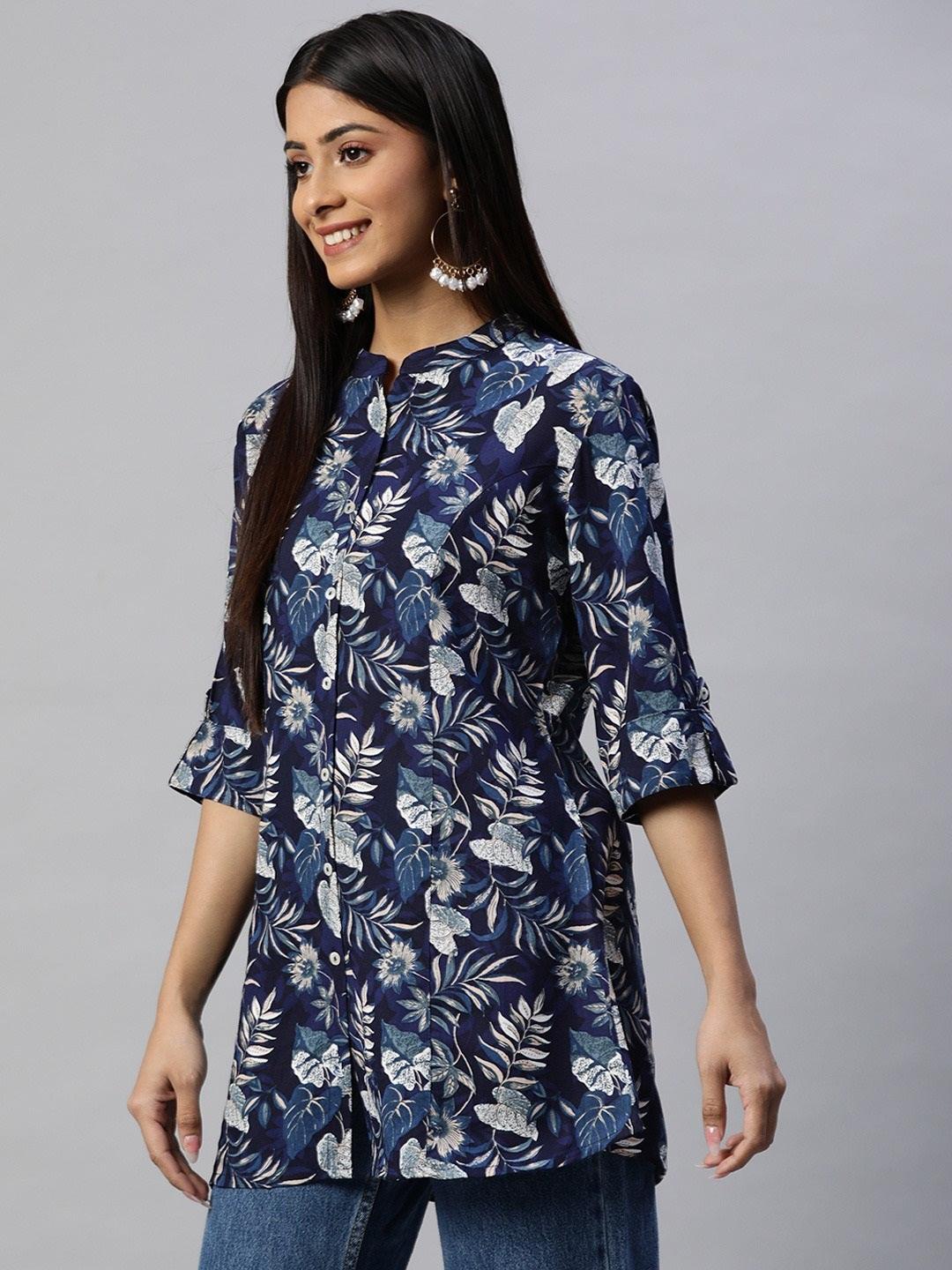 Jamal Jamaloo Navy Blue Rayon Printed Top - Jamal Jamaloo