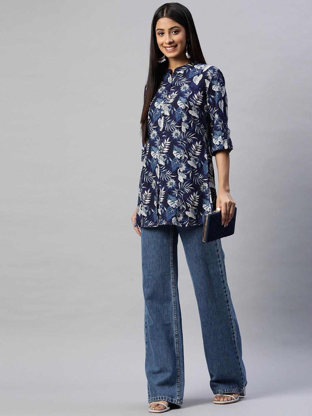 Jamal Jamaloo Navy Blue Rayon Printed Top - Jamal Jamaloo