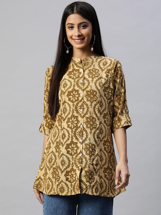 Jamal Jamaloo Coffee Brown Floral Rayon A-line Shirts Style Top - Jamal Jamaloo