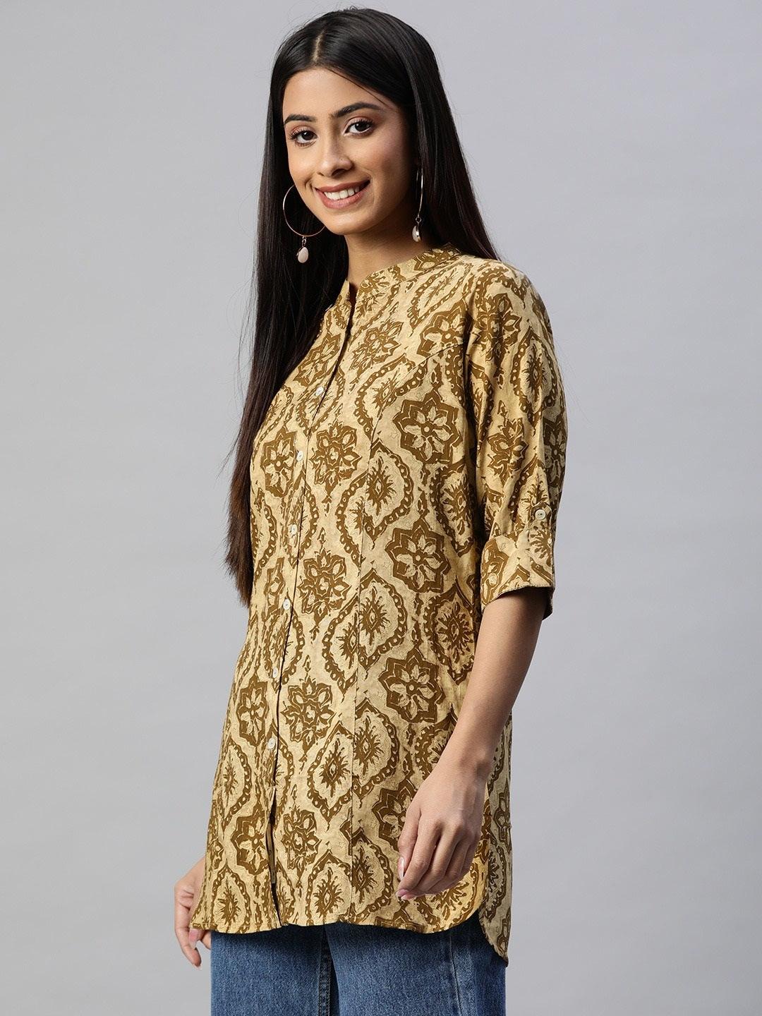Jamal Jamaloo Coffee Brown Floral Rayon A-line Shirts Style Top - Jamal Jamaloo