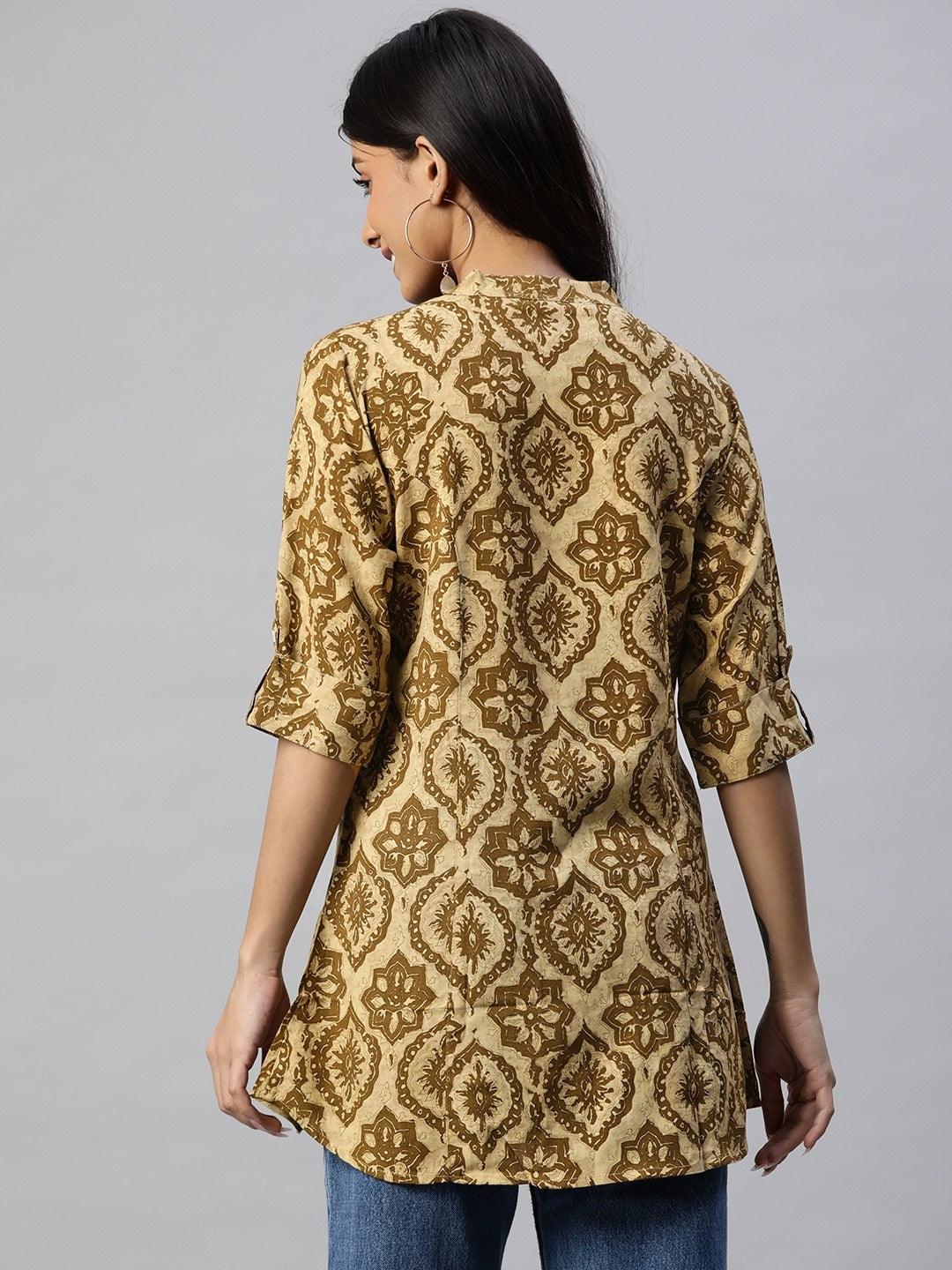 Jamal Jamaloo Coffee Brown Floral Rayon A-line Shirts Style Top - Jamal Jamaloo