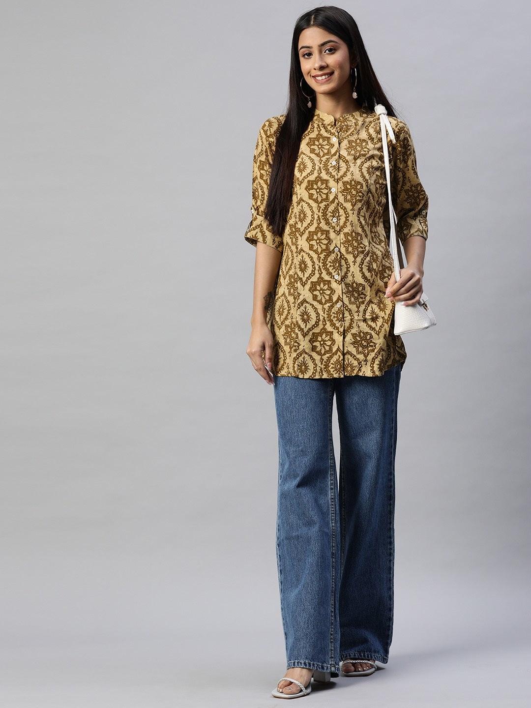 Jamal Jamaloo Coffee Brown Floral Rayon A-line Shirts Style Top - Jamal Jamaloo