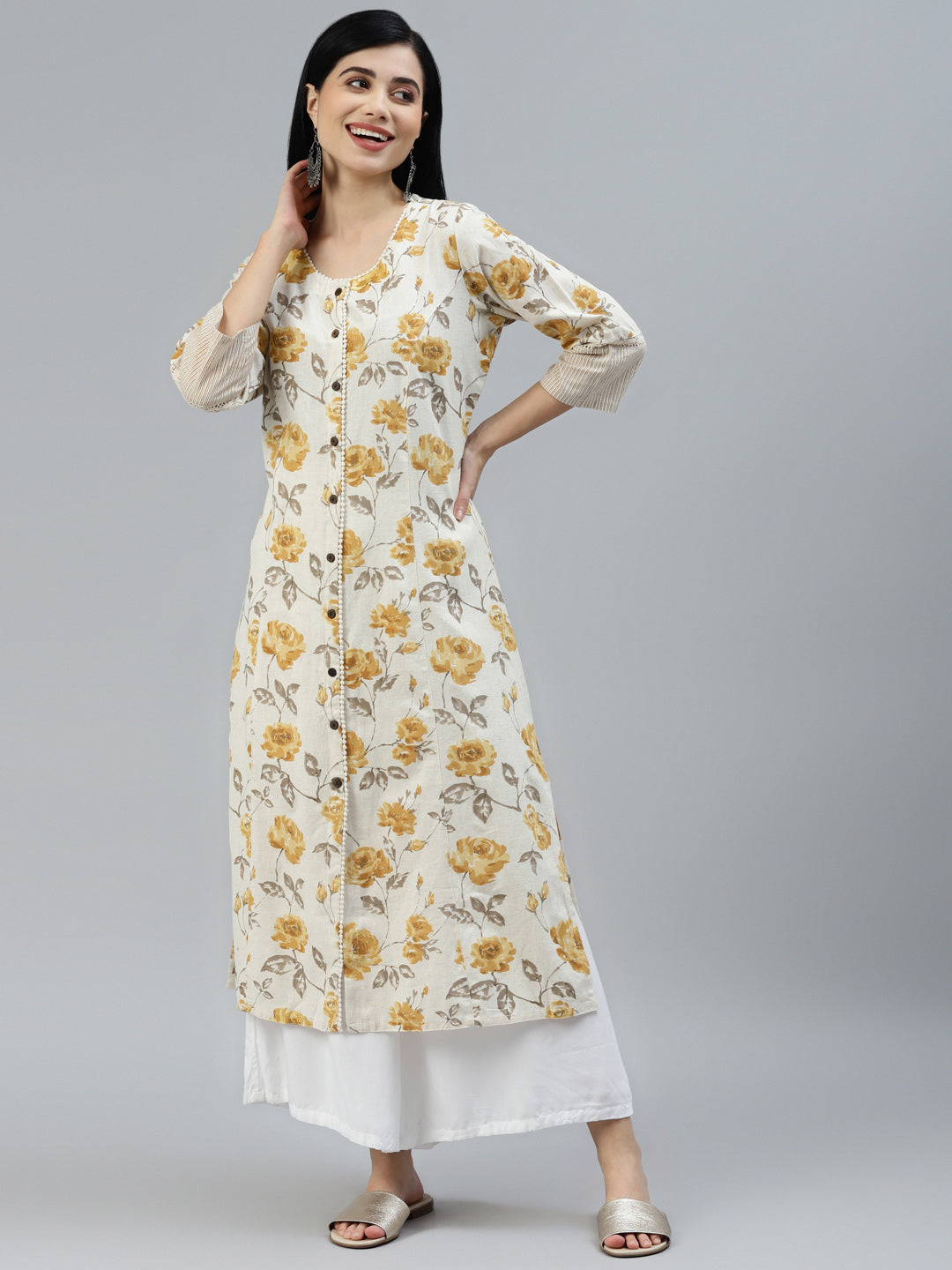Floral Print Yellow Cotton A-line Kurta