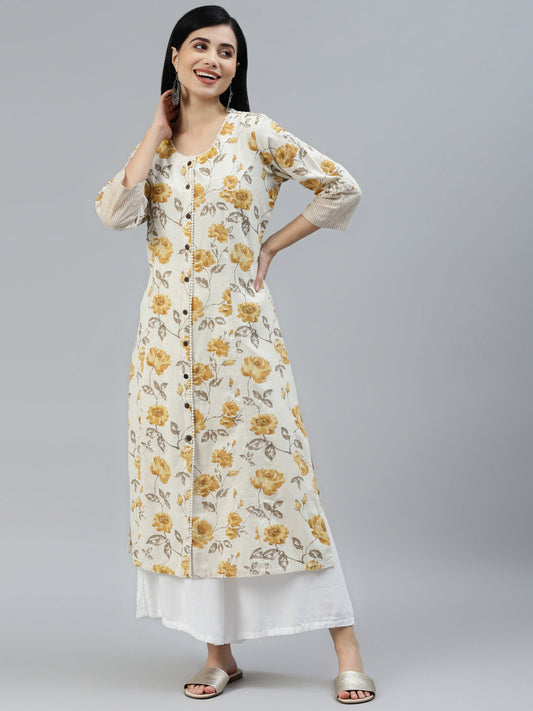 Floral Print Yellow Cotton A-line Kurta