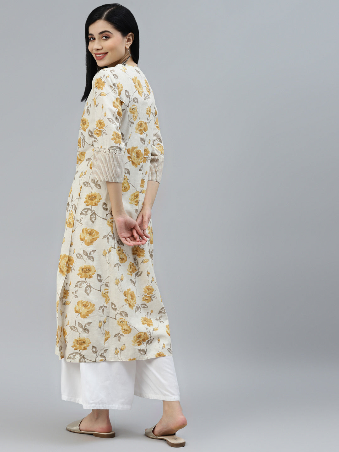 Floral Print Yellow Cotton A-line Kurta