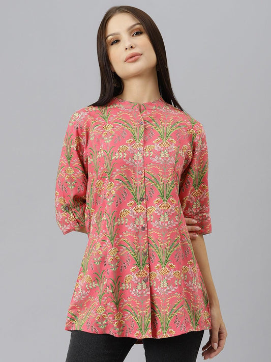 Jamal Jamaloo Dark Pink Floral Rayon A-line Shirts Style Top - Jamal Jamalooworld.com