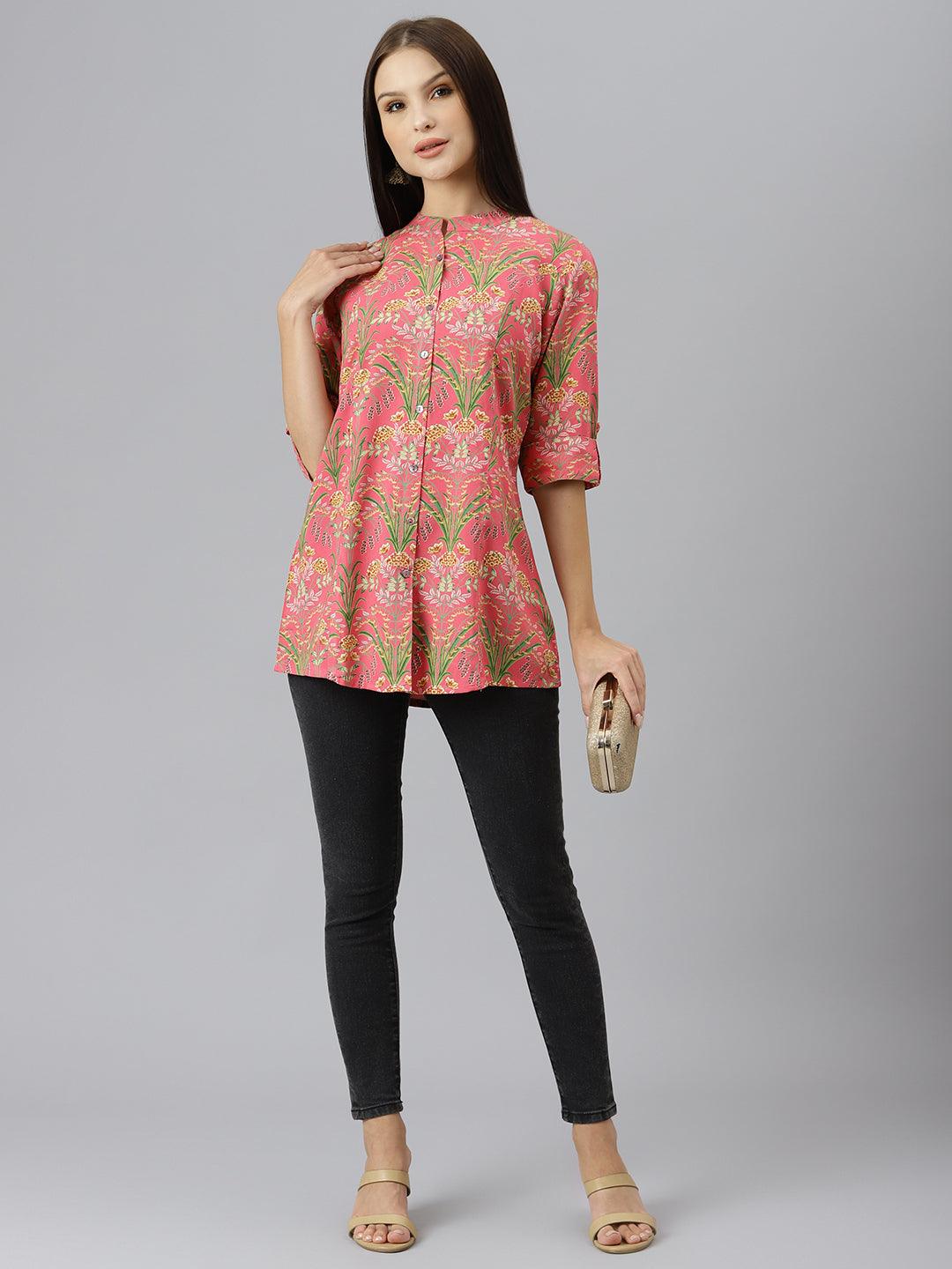 Jamal Jamaloo Dark Pink Floral Rayon A-line Shirts Style Top - Jamal Jamalooworld.com