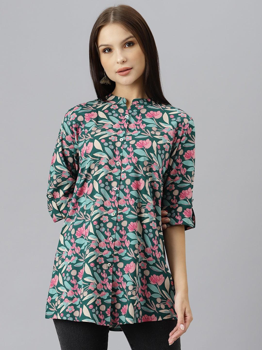 Jamal Jamaloo Dark Green Floral Rayon A-line Shirts Style Top - Jamal Jamalooworld.com