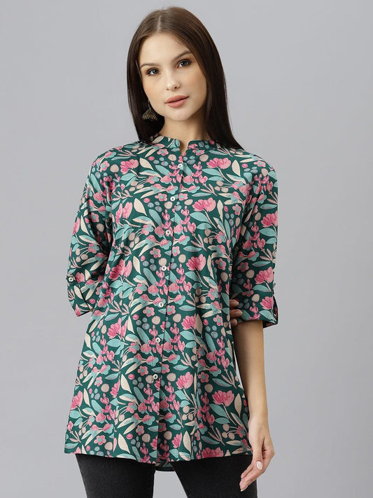 Jamal Jamaloo Dark Green Floral Rayon A-line Shirts Style Top - Jamal Jamalooworld.com