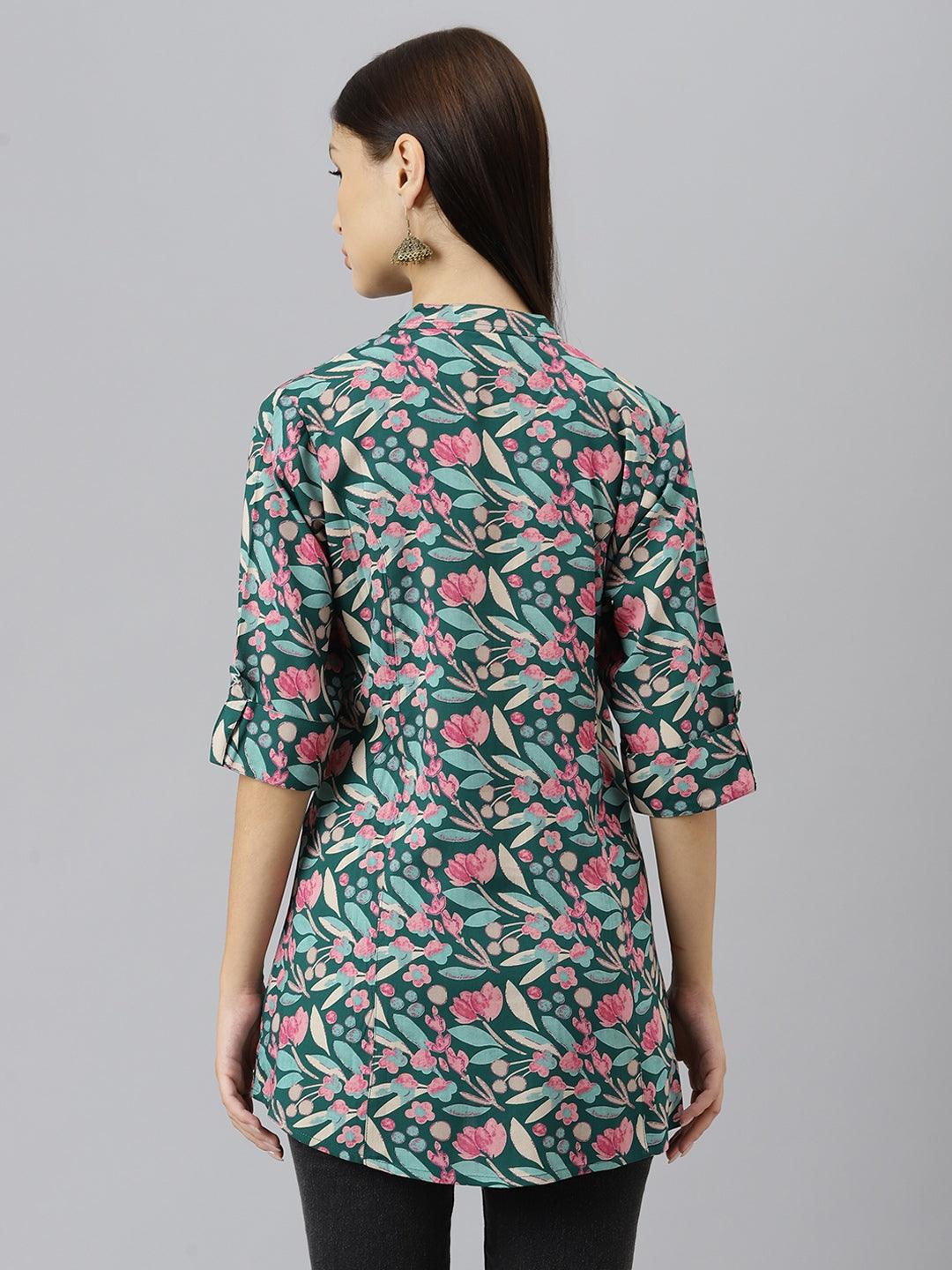Jamal Jamaloo Dark Green Floral Rayon A-line Shirts Style Top - Jamal Jamalooworld.com