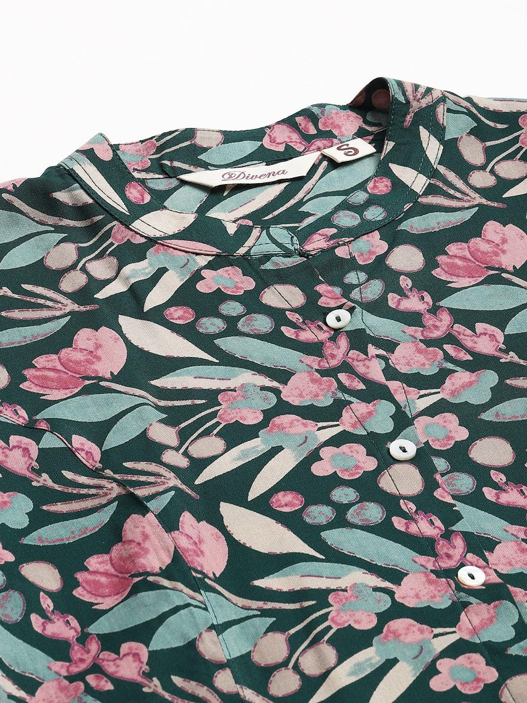 Jamal Jamaloo Dark Green Floral Rayon A-line Shirts Style Top - Jamal Jamalooworld.com